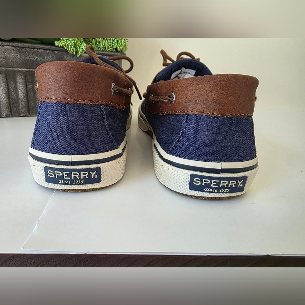 Sperry Halyard 2 Eye Boat Shoes Navy Denim Leather Trim MN 13 Wide Preppy Casual - Picture 6 of 12